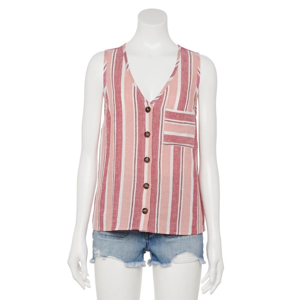 Rewind Linen Blend Pink Stripe V-Neck Button Front Sleeveless Tank Top